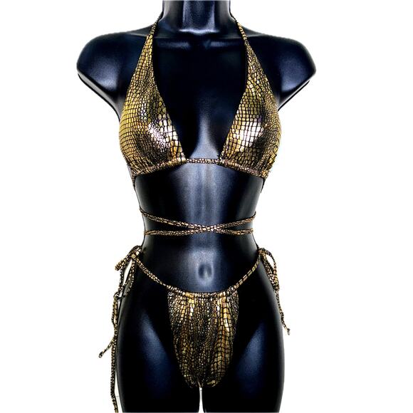 New Small Metallic Gold Fully Adjustable Bikini Swimsuit Set‎ Triangle Padded - Picture 2 of 7
